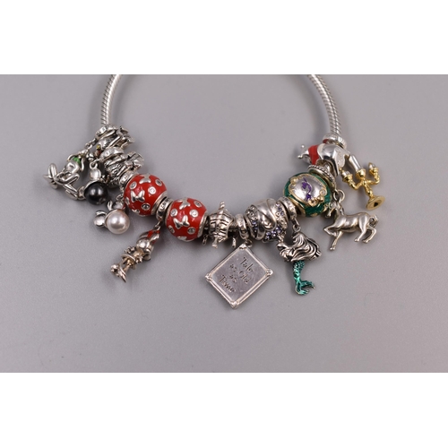 74 - Disney Silver 925 Chamila Charm Bracelet with 15 Disney Charms. Complete in Box with Pouch