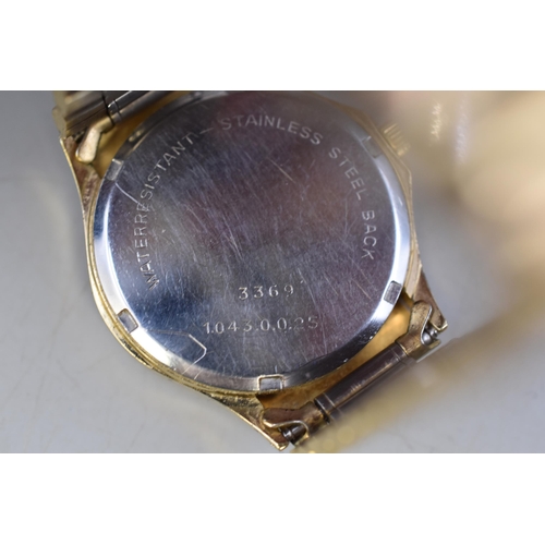 108 - A Gold Tone Rotary Quartz Day/Time Watch, In Presentation Box With Paperwork. Working