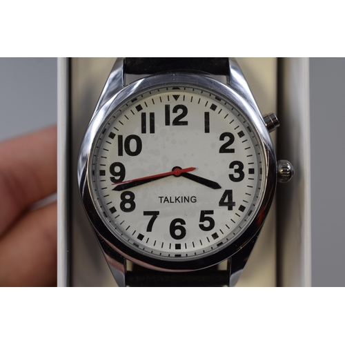 116 - Speaking watch for visually impared people, chrome with black strap, includes instructions, boxed an... 