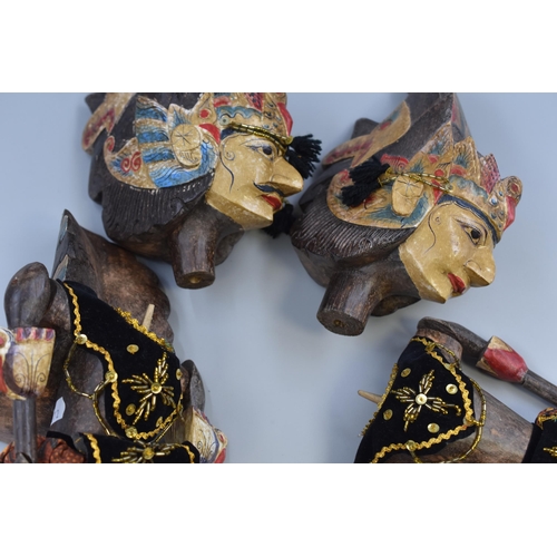 388 - Pair of Mid Century Wooden Hand Carved Indian Puppets with Painted Headdress and Traditional Clothin... 