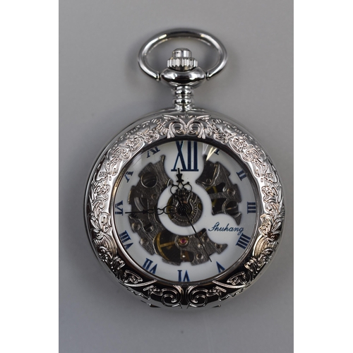 134 - Half hunter pocket watch with fob, opening front with visible mechanical movement, brand new boxed w... 