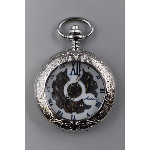 135 - Half hunter pocket watch with fob, opening front with visible mechanical movement, brand new boxed w... 