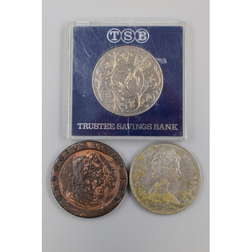 177 - Three Coins includes 1797 George III Cartwheel Penny and Two Commemorative Crown Coins