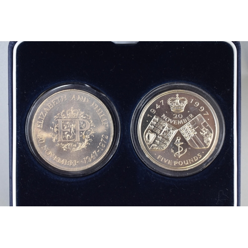 193 - A Queen Elizabeth & Prince Philip Wedding Pair, In Presentation Box. Includes Five Pound Coin