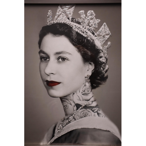 441 - A Framed and Glazed Biggon Queen Elizabeth II With Tattoos and Diamante Print, Approx 21.5