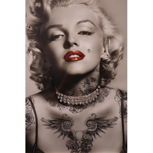 442 - A Framed and Glazed Biggon Marilyn Monroe With Tattoos and Diamante Print, Approx 21.5