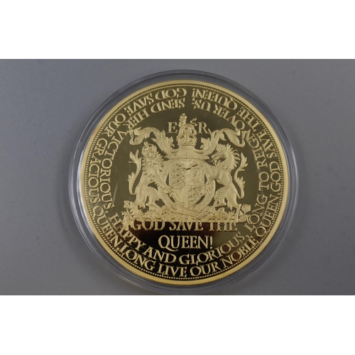 207 - 2016 Large Gold Plated God Save The Queen Medallion with Ruby Red Swarovski Crystal, in Capsule