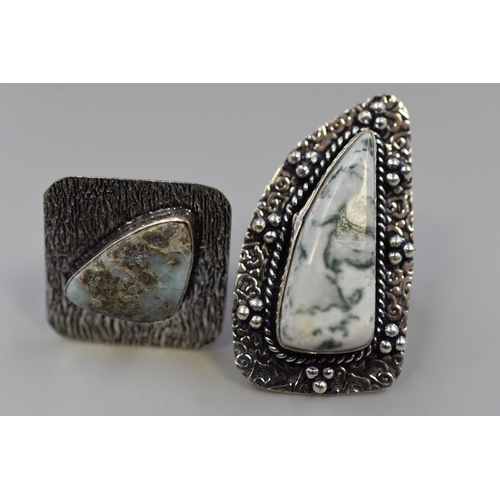 270 - Two New Silver 925 Rings, Republic Latimer Gemstone Size Q and a Tree Agate Gemstone Size Q. In Pres... 