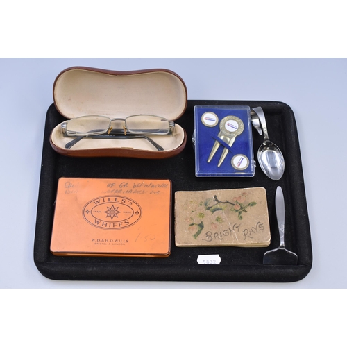 282 - Collectors Tray including Glasses, Bright Rays Books, Vintage Cigarette Case and More