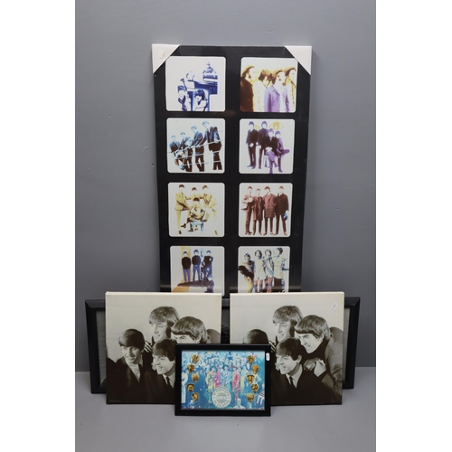 489 - Five The Beatles Art Prints. Includes Three Canvases, Framed and Glazed Guitar Pick Presentation and... 