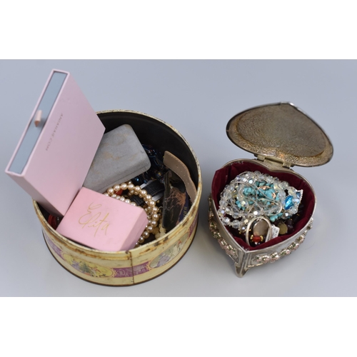 520 - Vintage Tin and a Heart Shaped Trinket Containing Mixed Unsorted Jewellery