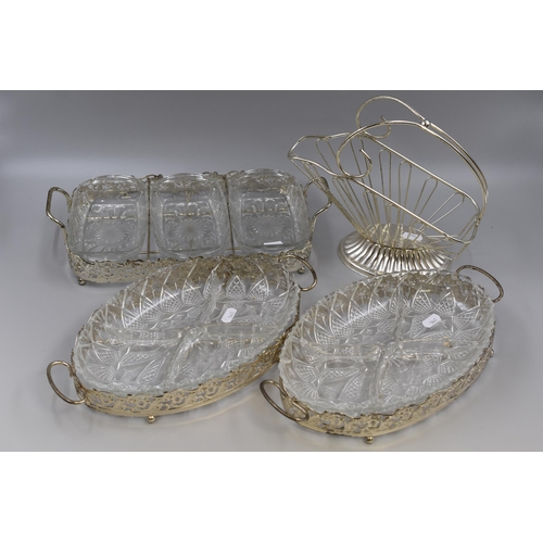 894 - Selection of Silver Plated items to include Three Serving Nibbles Dishes and Wine Bottle Holder