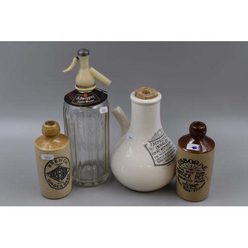 904 - A Mixed Selection To Include Schweppes Soda Syphon, Two Vintage Ginger Beer Bottles, And Ceramic Imp... 