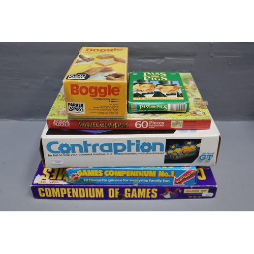 914 - Selection of Vintage Boxed Games to include Contraption, Boggle, Pass The Pigs, Games Compendium, Wo... 