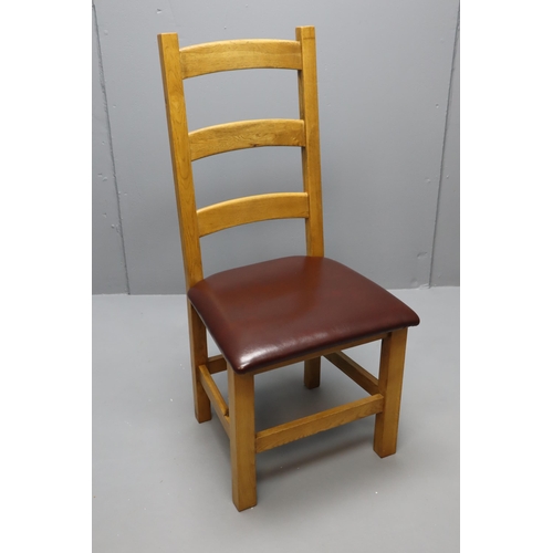 755 - Four Nice Solid Oak Ladder Back Chairs with Mid Brown Faux leather Seat Base Covering all in Good So... 