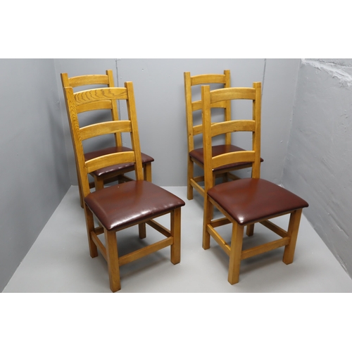 755 - Four Nice Solid Oak Ladder Back Chairs with Mid Brown Faux leather Seat Base Covering all in Good So... 