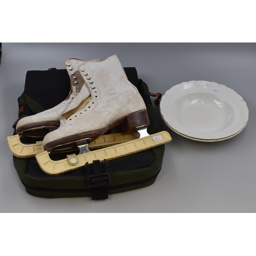 806 - Mixed Lot to include Pair of Vintage Ice Skates, Navigator Bag and Two Antique Unicorn Staffordshire... 