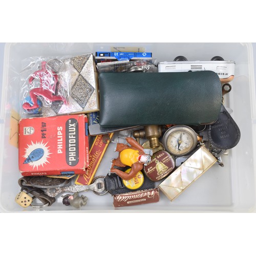 899 - Tray of Collectables including Compass, Tin Plate Vehicle, Medal and More