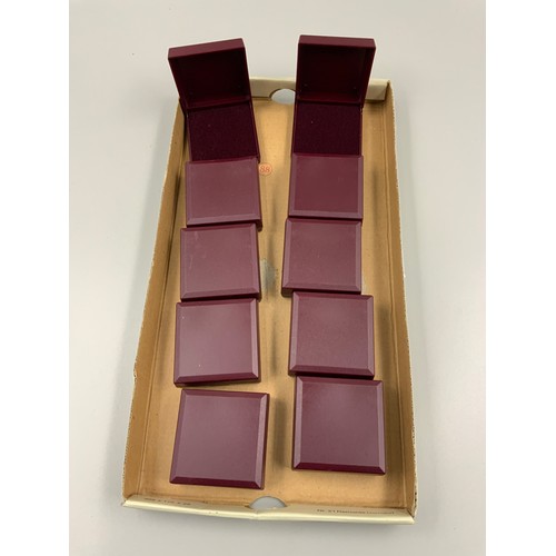 158 - Ten New Burgundy Jewellery Boxes with Velvet Cushion Insert (55mm x 55mm x 20mm)