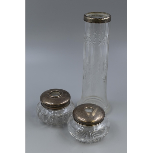 13 - Three Silver Topped Cut Glass Items. Includes Hallmarked London Silver Vase (Approx 8” Tall),&... 