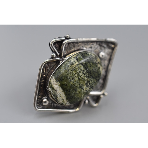 14 - New Silver 925 Ring with Large Banded Green Opal Stone. Size Q. Complete in Presentation Gift Box