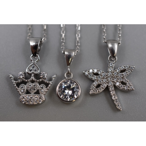 16 - Three Silver 925 Pendant Necklaces on Silver 925 Chains. Includes Crown Design and Butterfly Design