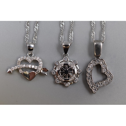 30 - Three Silver 925 Pendant Diamanté Necklaces, includes Love Heart Design and Ships Wheel Design