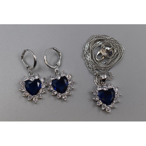 31 - A 925. Silver Blue Stoned Loveheart Pendant Neacklace and Earring Set, In Presentation Box