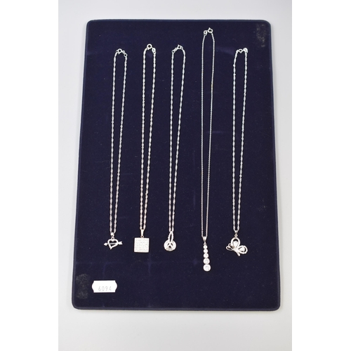 47 - Five Silver 925 Diamanté Pendant Necklaces on Silver 925 Chains. Various Designs