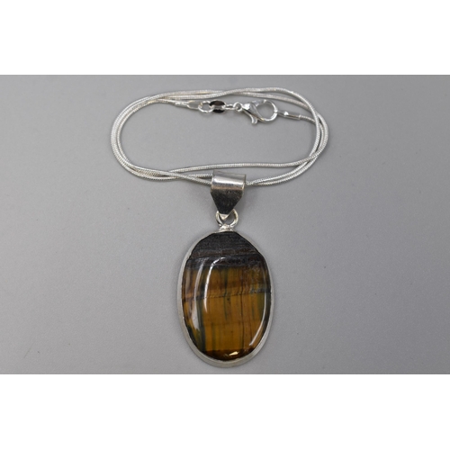 48 - New Silver 925 Necklace with Large Tigers Eye Stone. Complete in Presentation Gift Box