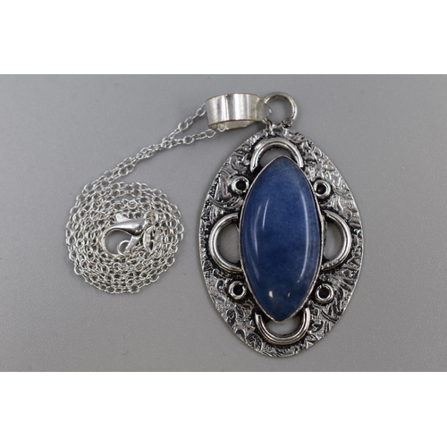 52 - New Silver 925 Necklace with Large Labrodite Blue Gemstone. Complete in Presentation Box