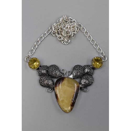 56 - New Silver 925 Necklace with Septarian Citrine Stone (18 inch). Complete in Presentation Gift Box