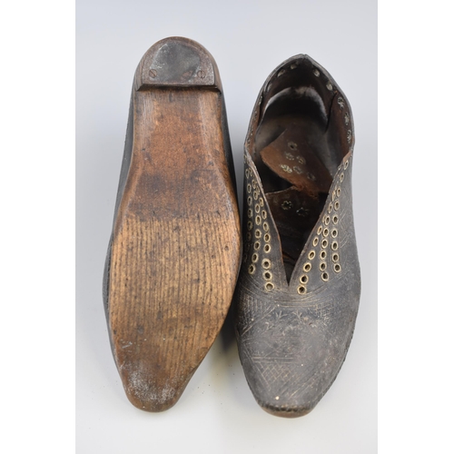 266 - A Pair of Vintage Wood and Leather Clogs, Unknown Size. AF