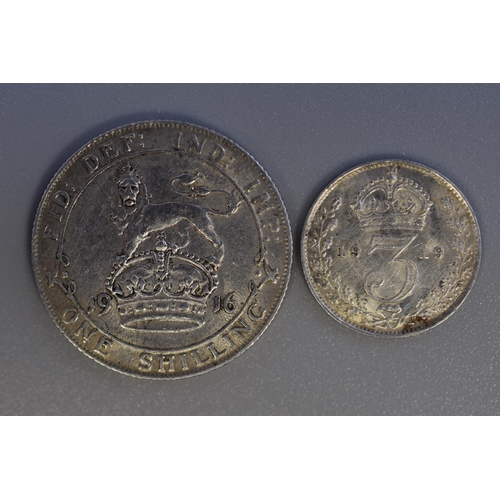 123 - George V Silver 1916 Shilling and a 1919 Threepence