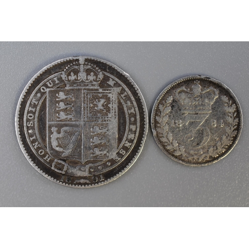 124 - Victoria Silver 1891 Shilling and a 1884 Threepence