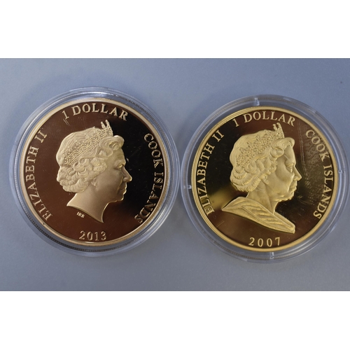 140 - Two Commemorative 1 Dollar Cook Island Coins 2007 and 2013. Elizabeth & Phillip and Treasures of... 