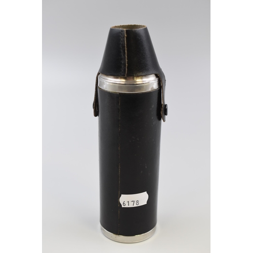 171 - Mid Century Bullet Style Hip Flask complete with Cup with Black Leather Covering 7.5