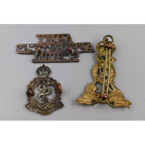 202 - Three Military Badges Army Apprentices School, Officers Training Core, and Royal Army and Medical Co... 