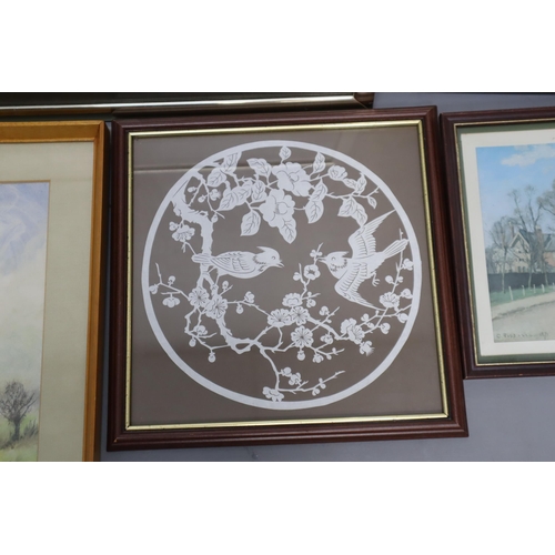 370 - A Selection of Eleven Framed Artpieces, And A Wooden Framed Oval Mirror. Includes Two Helen Bradley ... 