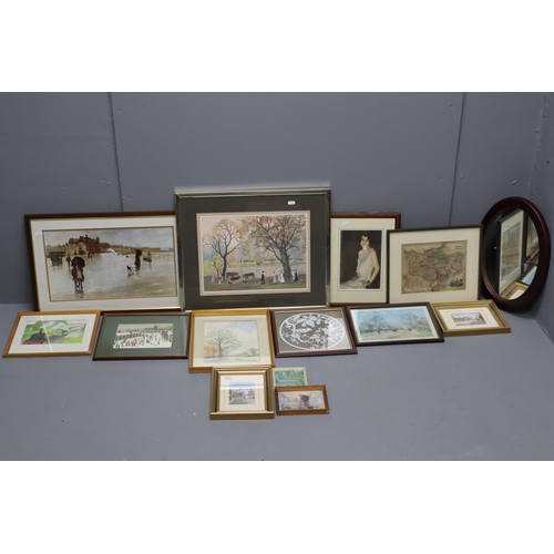 370 - A Selection of Eleven Framed Artpieces, And A Wooden Framed Oval Mirror. Includes Two Helen Bradley ... 