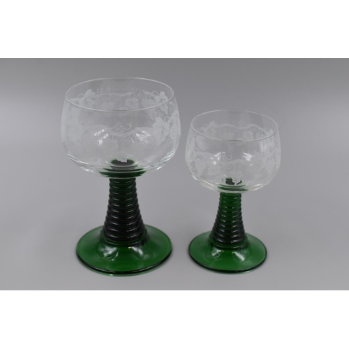 245 - 12 Roman Style Green Stemmed Drinking Glasses, also with Metal Holder with Leaf Design (Holder Heigh... 