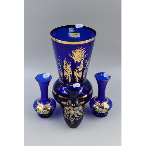 256 - Selection of Cobalt Blue Glassware to include Three Small Handpainted Bud Vases and a Large Vase wit... 