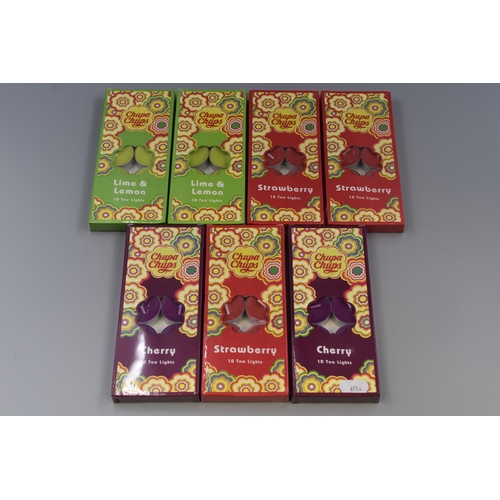 403 - Seven Packs of Chupa Chups Scented Tea Light Candles. Includes Cherry, Strawberry and Lemon and Lime