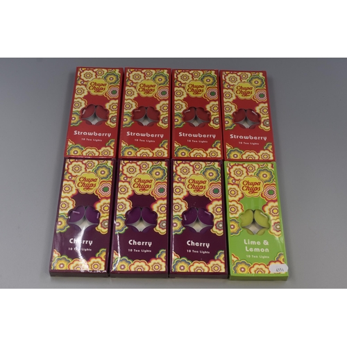 405 - Eight Packs of Chupa Chups Scented Tea Light Candles. Includes Cherry, Strawberry and Lemon and Lime