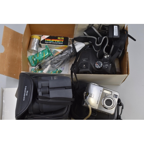 413 - A Selection of Untested Cameras and Camera Equipment, With Boxed Chinon Binoculars. Includes Fujifil... 