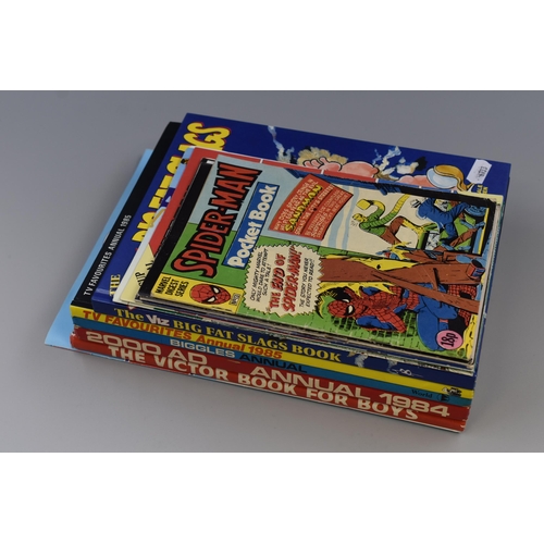 419 - Selection of Vintage Annuals including The Victor Book for Boys, Biggles, Spide-Man pocket book and ... 