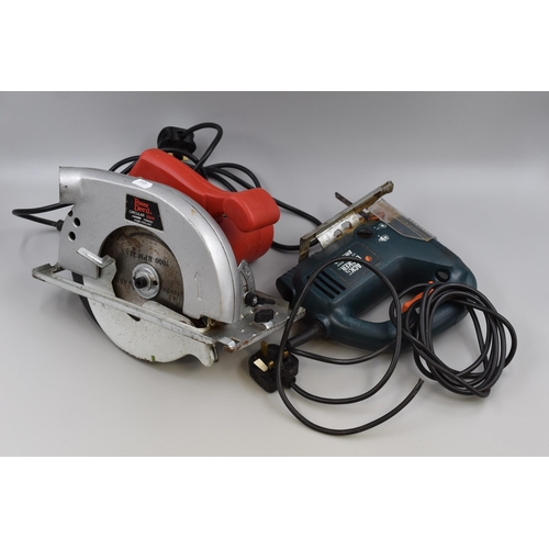 623 - Two items to include Power Devil Circular Saw (powers on) and a Black & Decker Jigsaw