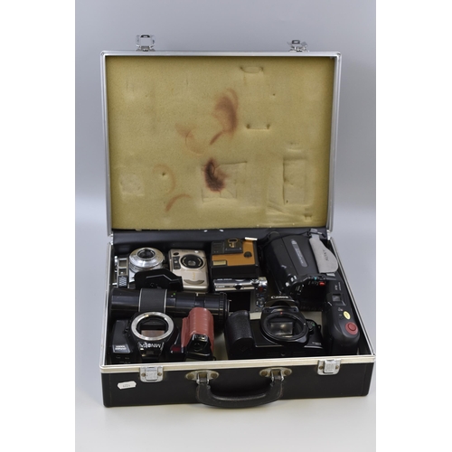 428 - Flight Case Containing a Selection of Vintage Cameras, Camcorder and Lens (a/f)