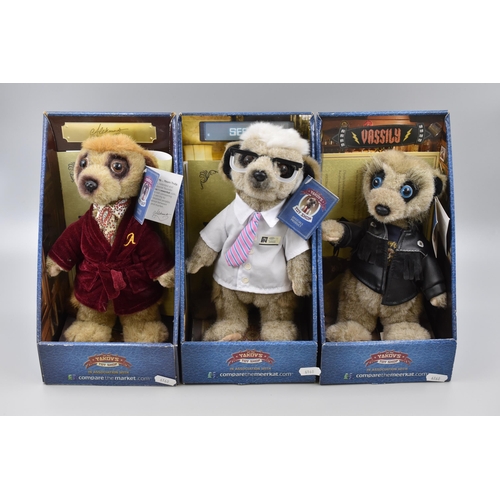 652 - Three Boxed Meerkat Teddies, Vassily, Sergei and Aleksandr