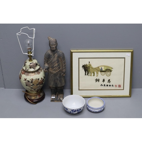 676 - Oriental items includes Art Work, Lamp (untested), Blue and White Pottery and a Warrior Figure (a/f)